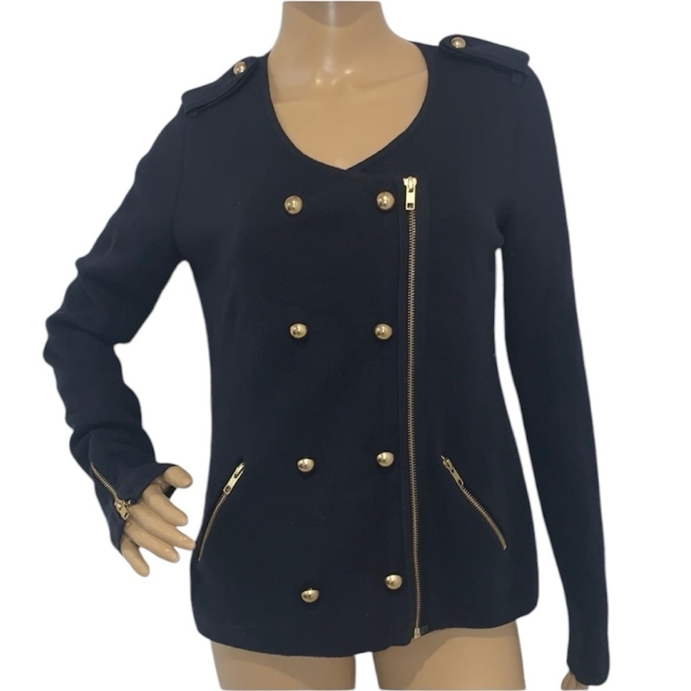 𝅺ANN Taylor Military Navy Blue Merino Wool double breasted Cardigan size Medium